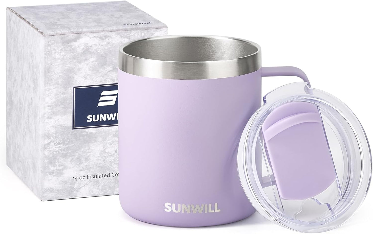 SUNWILL Travel Coffee Mug with Lid, Insulated Tumbler with Handle, 14 oz Stainless Steel Cup for Home, Office, Camping, Powder Coated Orchid