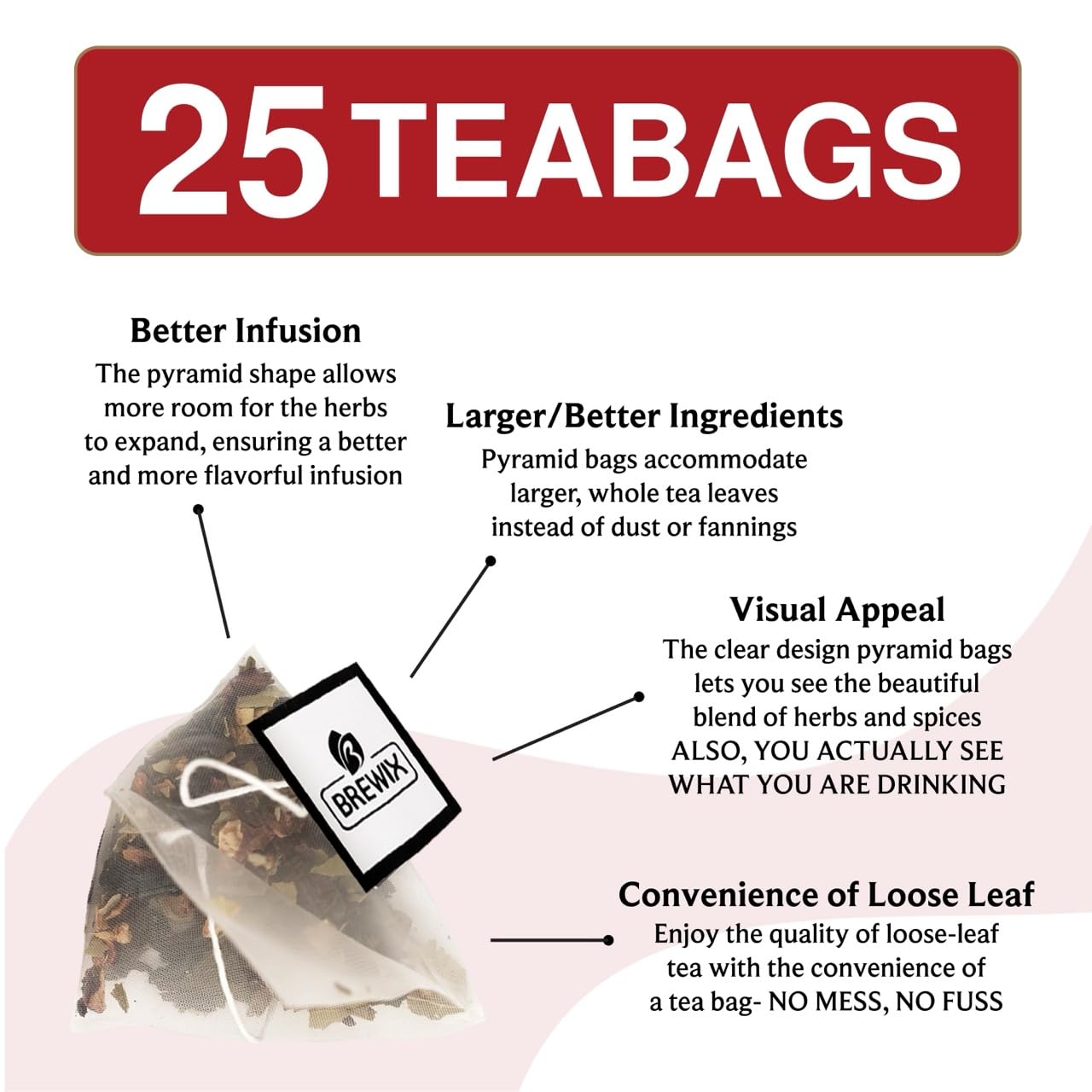 BREWIX, Hibiscus Orange Tea Bags (25 Plant Based Tea Bags) Caffeine-Free, Made with Real - Hibiscus Flowers, Rosehip, Orange Peel, Raspberry Leaf | Contains Antioxidants & Support Overall Health