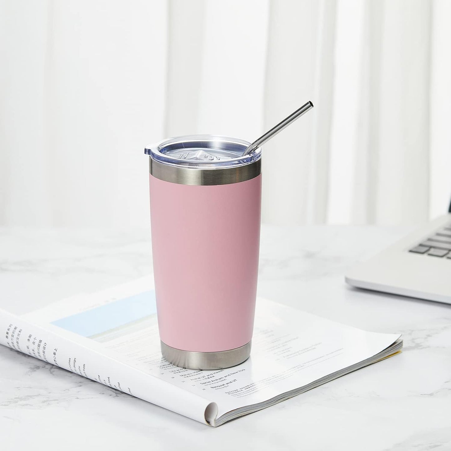 COMOOO 20oz 8 Pack Tumbler Double Wall Vacuum Insulated Coffee Travel Mug Stainless Steel Tumbler Bulk with Lid and Straw Insulated Coffee Cup for Cold & Hot Drinks (Pink, 8 Pack)