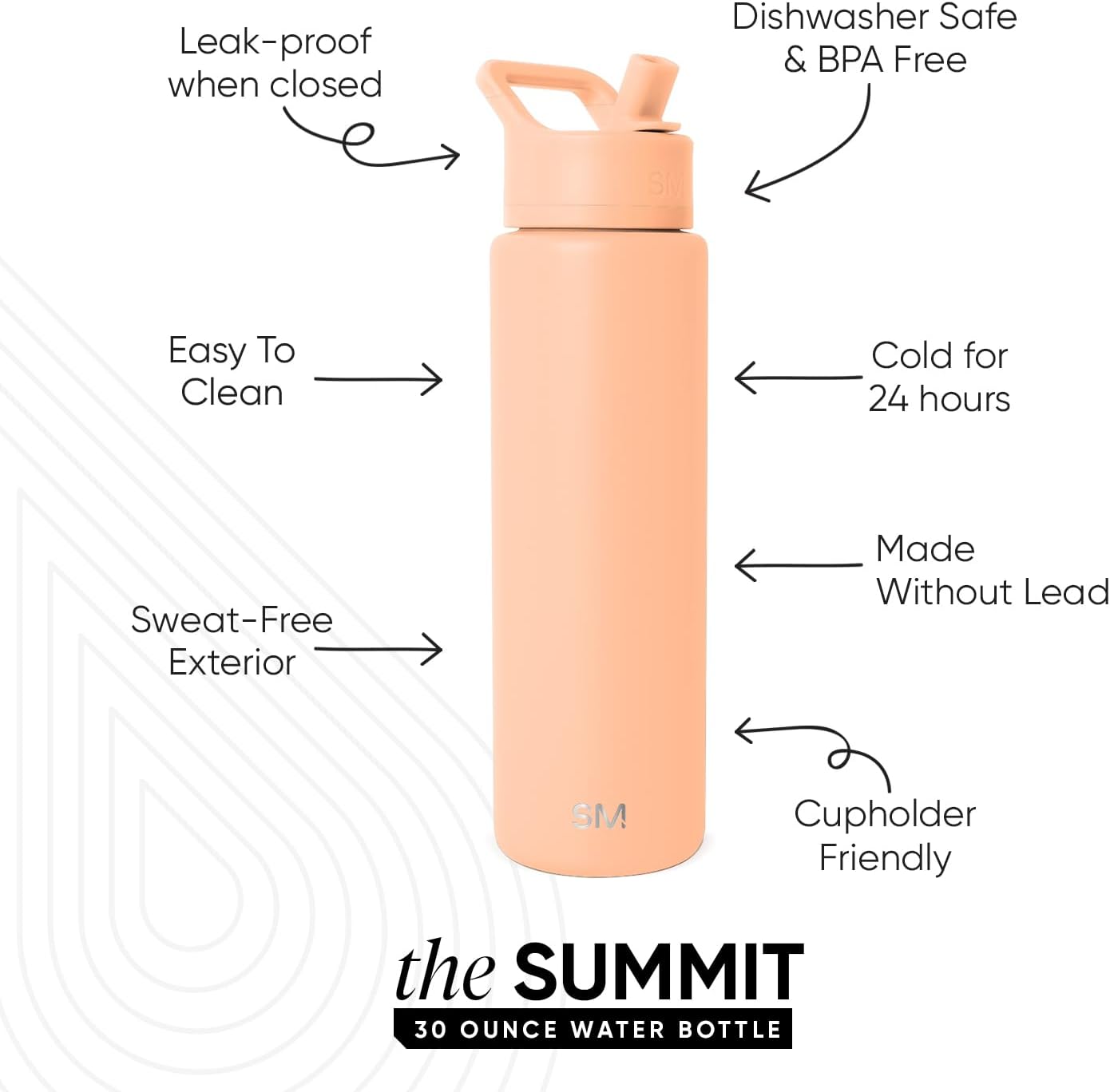 Simple Modern Water Bottle with Straw Lid | Vacuum Insulated Stainless Steel Metal Thermos | Reusable Leak Proof BPA-Free Flask for Sports Gym | Summit Collection | 30oz, Bellini