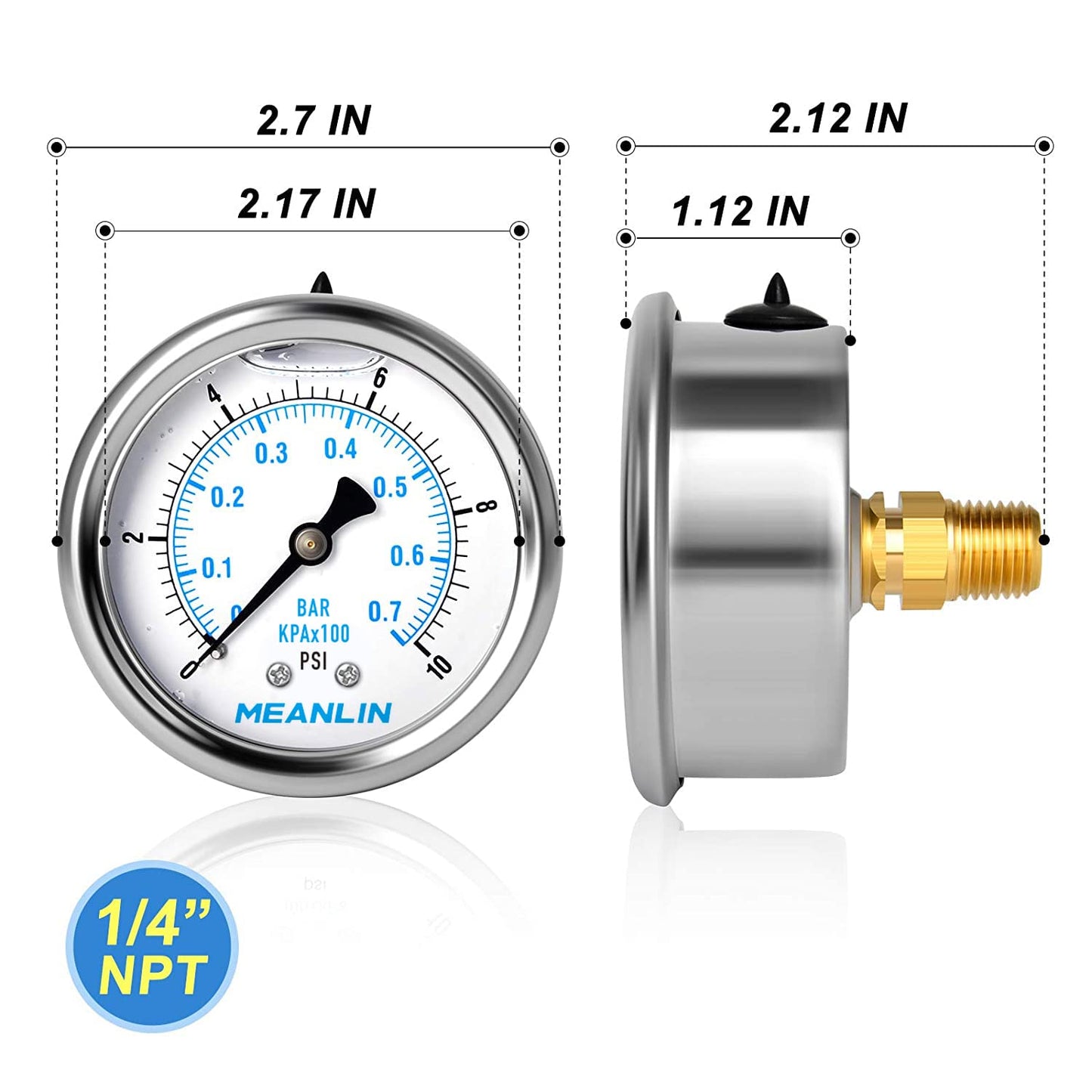 MEANLIN MEASURE 0~10Psi Stainless Steel 1/4" NPT 2.5" FACE DIAL Liquid Filled Pressure Gauge WOG Water Oil Air Center Back Mount, with 1/2" NPT and 3/8" NPT Hex Bushing