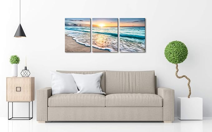 Wieco Art 3 Panel Blue Beach Canvas Wall Art - Image 4