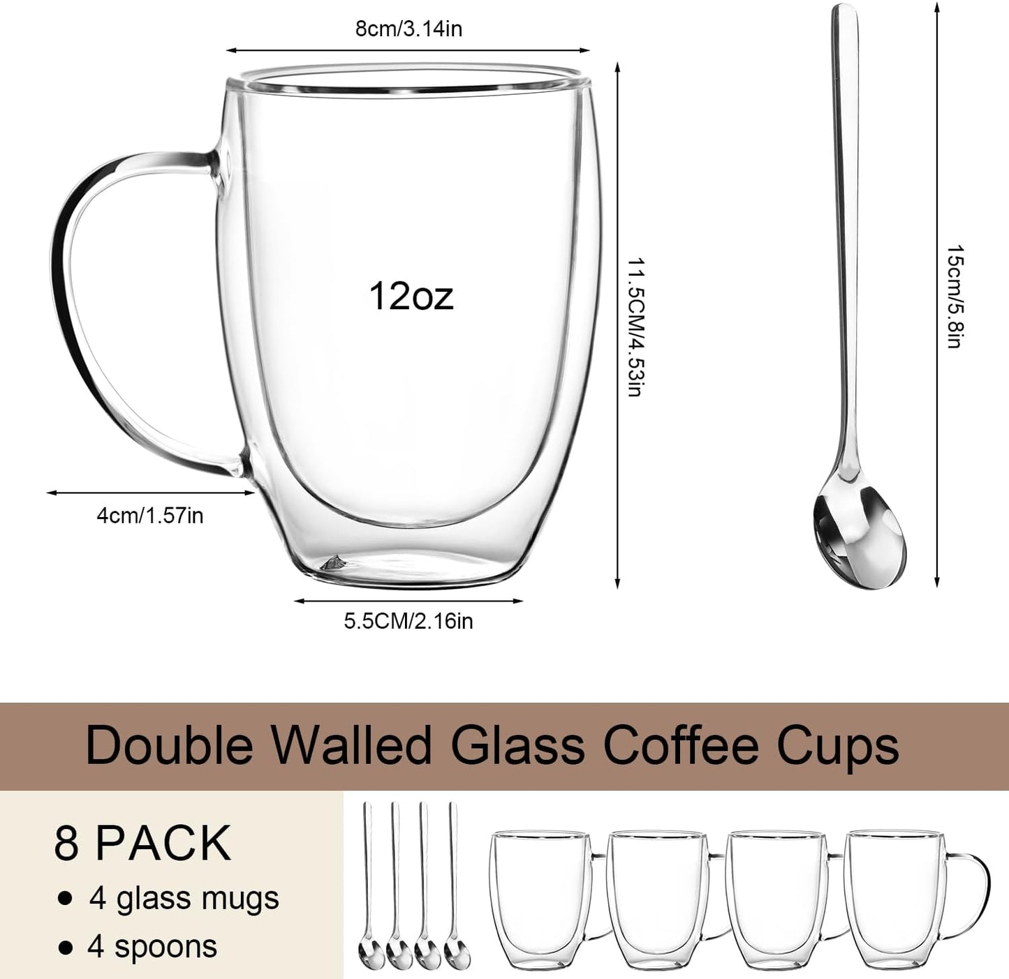 Double Wall Glass Coffee Mugs 12 OZ, Clear Coffee Cup With Handle,Insulated Coffee Mugs Set of 4 With Spoons Perfect for Espresso, Cappuccino, Latte, American,Tea Bag, Beverage