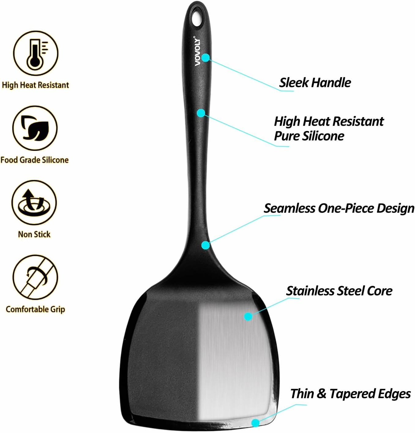 Large Size Silicone Spatula Set, 600°F Heat Resistant Silicone Spatula Turner Flipper for Cooking, Non Stick and Non Scratch Kitchen Utensils for Eggs & Pancakes, 2-Pack, Black