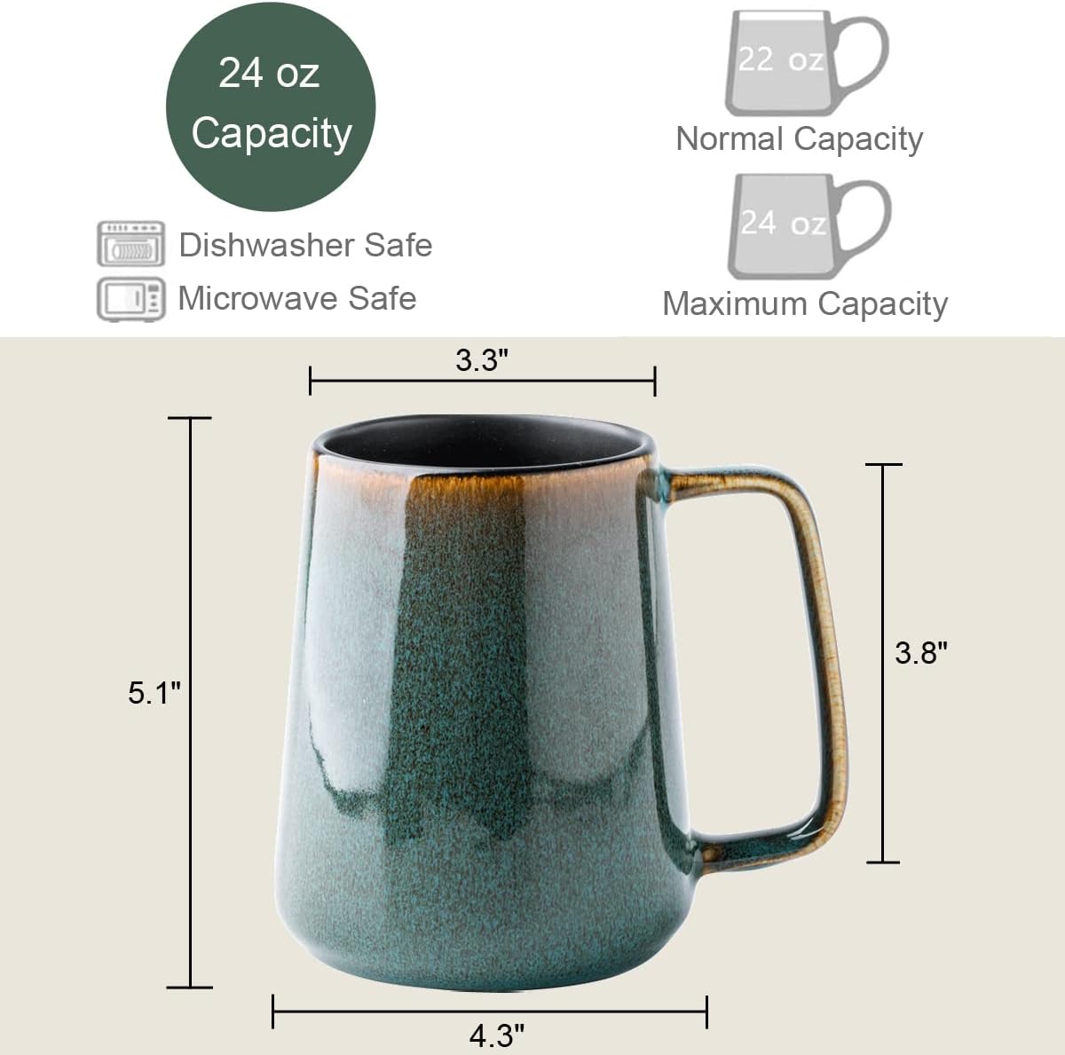Large Ceramic Coffee Mug, 24 oz Big Tea Cup with Large Handle, Vintage Coffee Cup for Office and Home, Dishwasher and Microwave Safe, Green