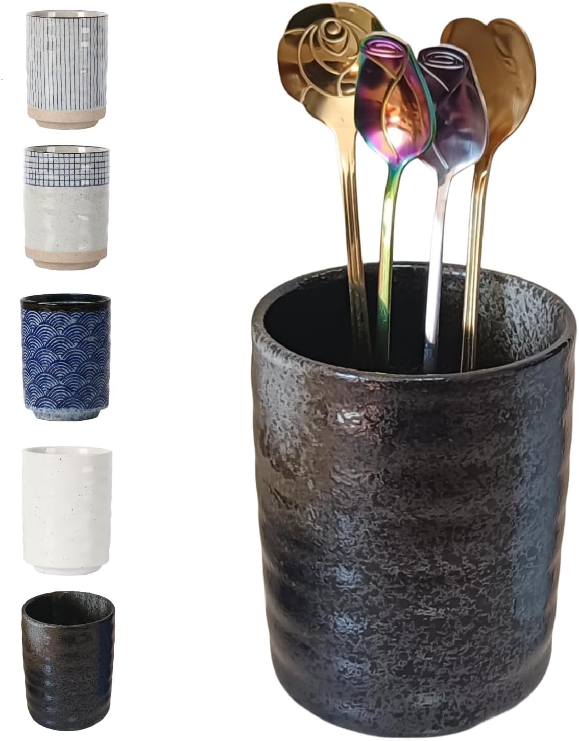 Stoneware Coffee Bar Utensil Holder Tea & Coffee Spoon & Stirrer Holder for Stir Stick Straw Teaspoon Holder Spoon Cup Small Utensil Jar (Retro Black)