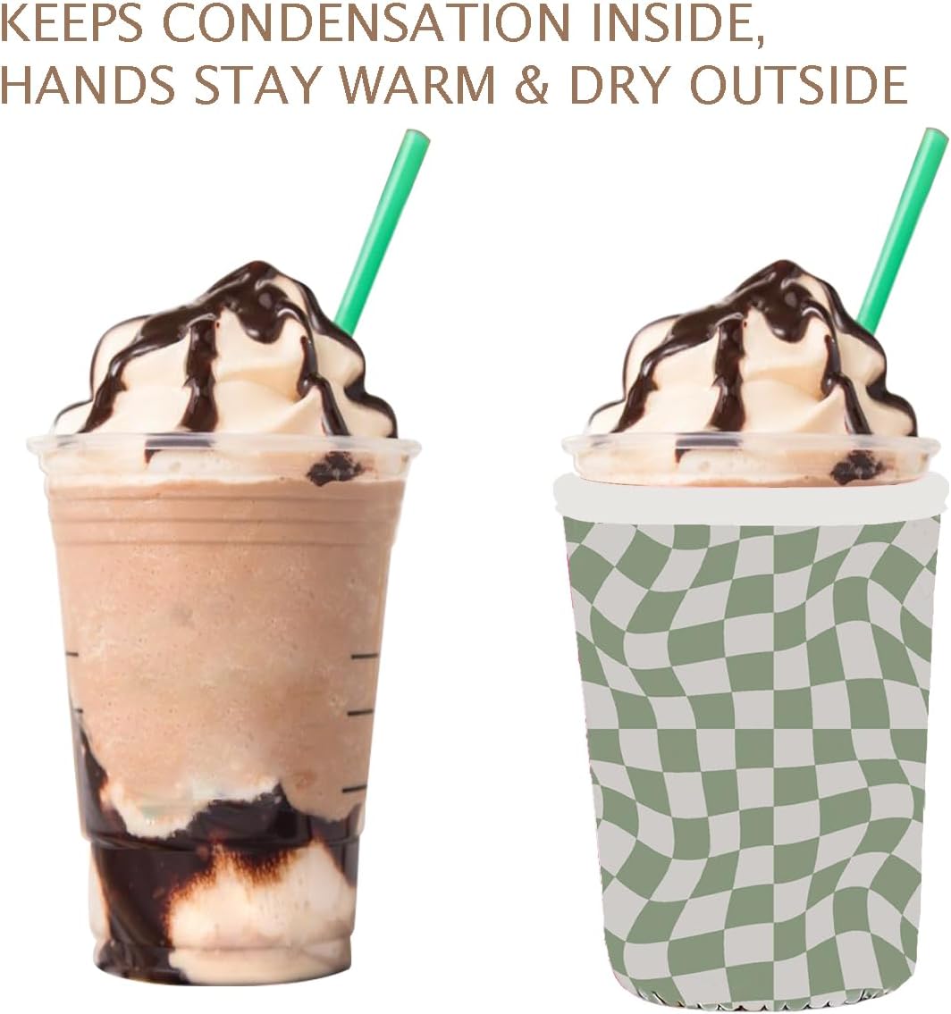 Reusable Insulated Neoprene Iced Coffee Cup Sleeve, Durable Drink Sleeve for Cold Beverages, Beverage Holder for Iced Coffee, Wavy Grid