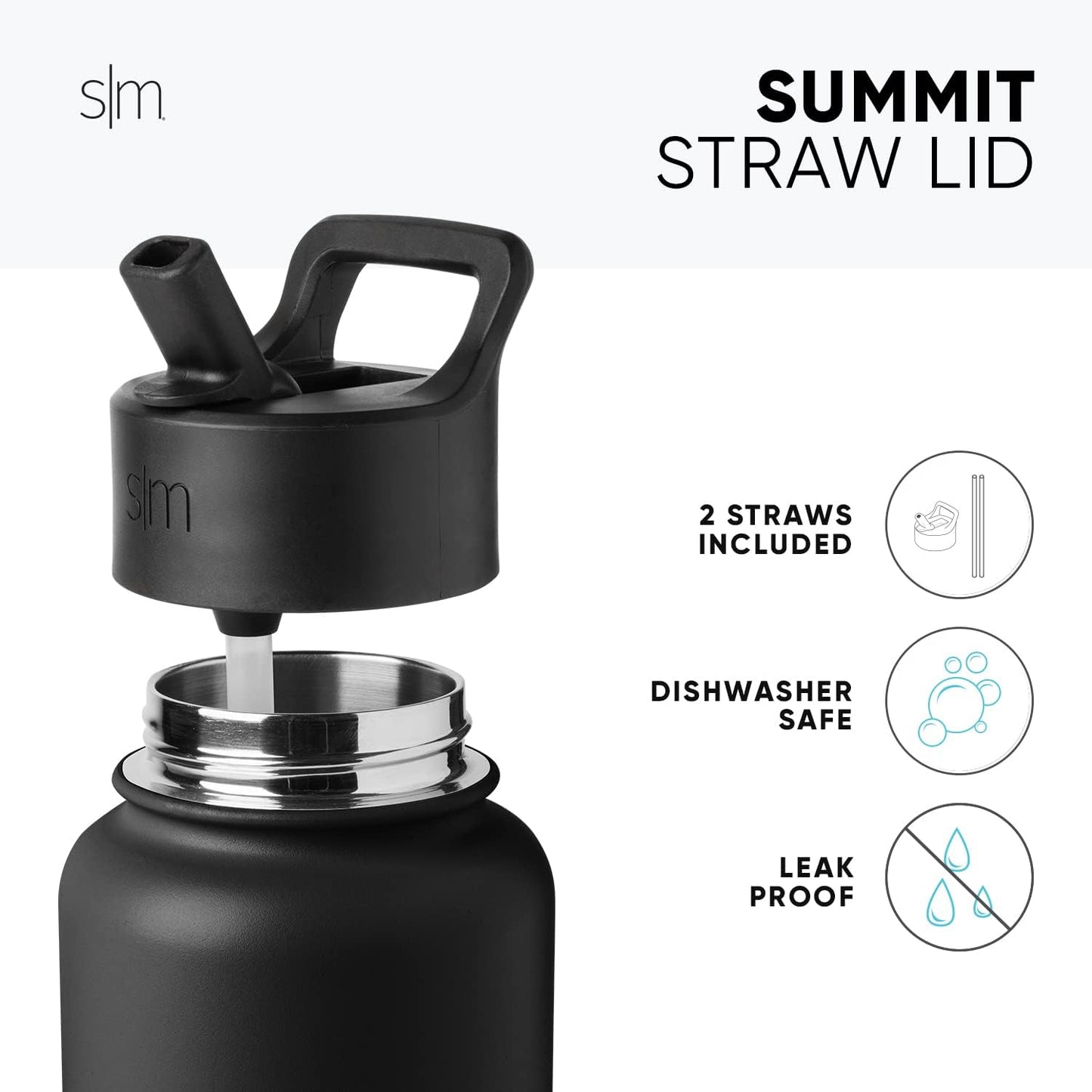 Simple Modern Water Bottle with Straw Lid Vacuum Insulated Stainless Steel Metal Cup Bottles | Reusable Leak Proof BPA-Free Flask for Gym Sports | Summit Collection | 22oz, Midnight Black