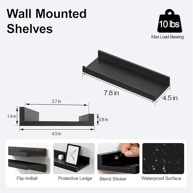 Small Black Floating Shelves for Wall Decor, Wall Mounted Wood Shelf for Bedroom - Image 3