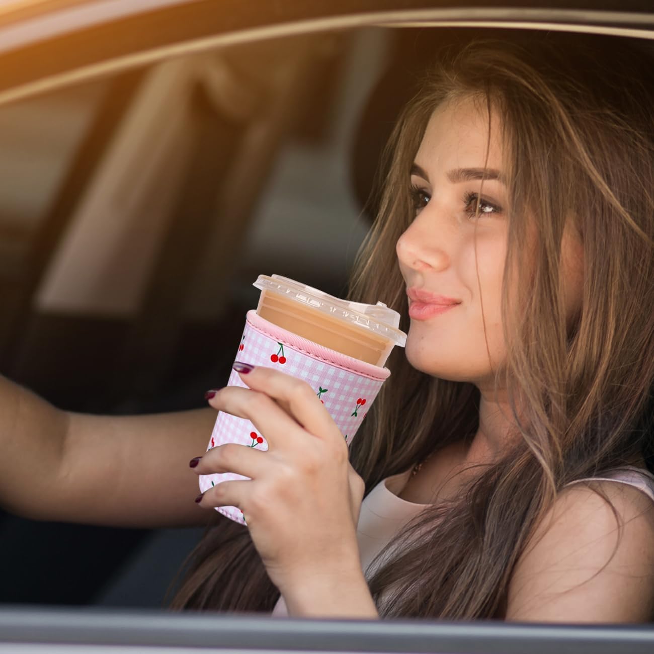 Reusable Insulated Neoprene Iced Coffee Cup Sleeve, Durable Drink Sleeve for Cold Beverages, Beverage Holder for Iced Coffee, Pink Cherry