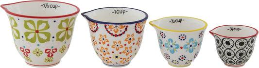 Creative Co-Op Floral Hand Stamped Stoneware Measuring Cups (Set of 4 Sizes/Designs)