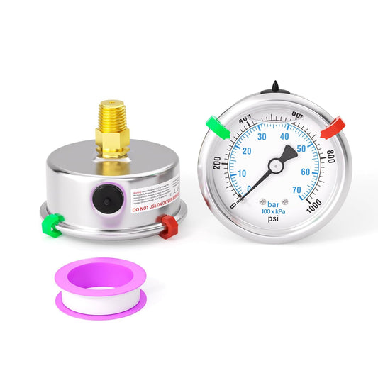 0-1000PSI Stainless Steel Liquid Filled Pressure Gauge, 2.5" Dial Size, 1/4" NPT Back Mount, for Tube, Water Pump, Gas, Liquid, Pressure Test (with Range Mark Pointer)