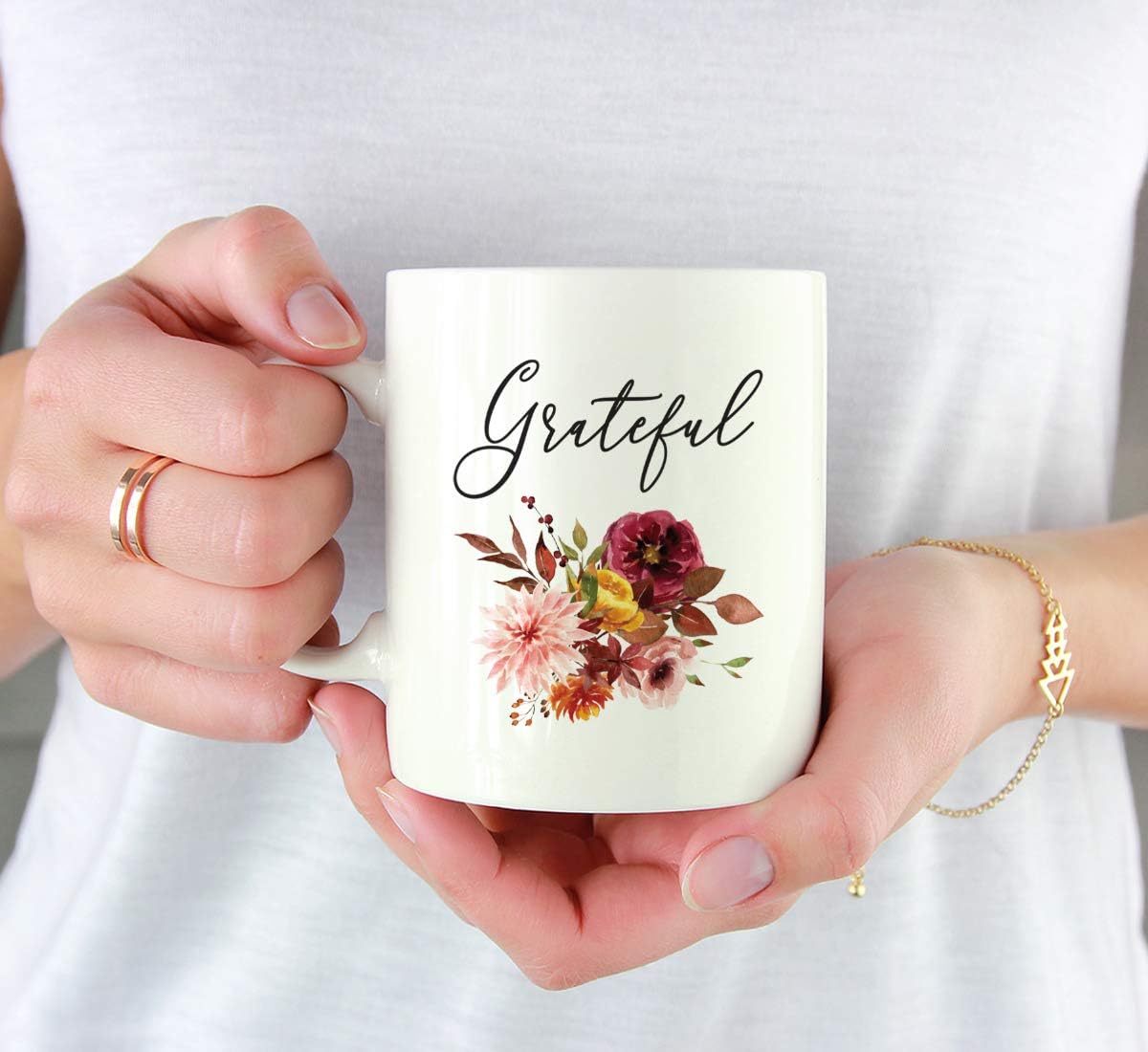 Andaz Press Fall Burgundy Marsala 11oz. Ceramic Coffee Tea Mug, Grateful, 1-Pack, Floral Blooms Graphic, Birthday, Friend, Family, Coworker, Autumn Season, Festive Thanksgiving Ideas