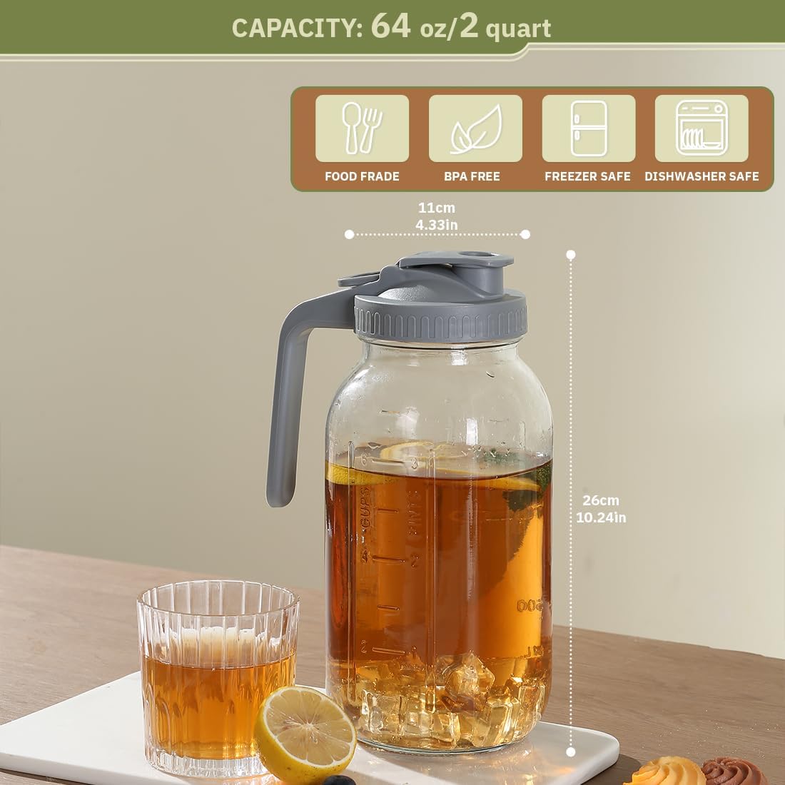 Glass Tea Pitcher with Wide Mouth Airtight Lid Leak Proof Fridge Container with Gray Lid Mason Jar for Water, Tea,Juice and Drinks (2 Pack-64OZ)