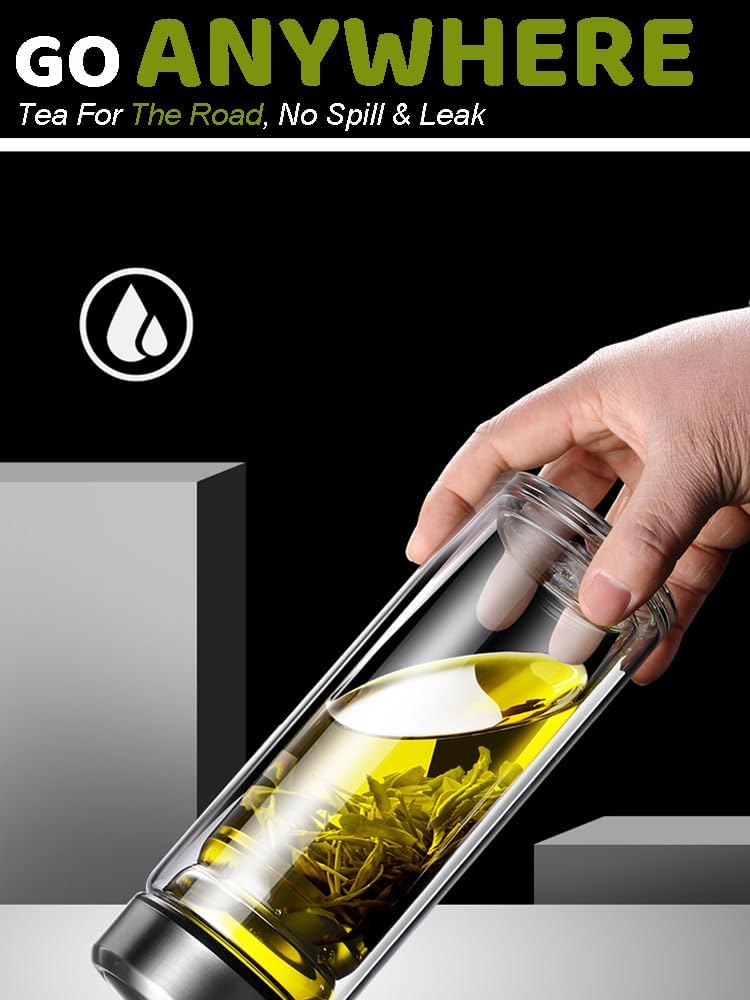 17oz Tea Tumbler with Infuser, 500ml Double Wall Borosilicate Glass Tea Bottle 100% Leak-Proof with 2 in 1 Stainless Steel Filter