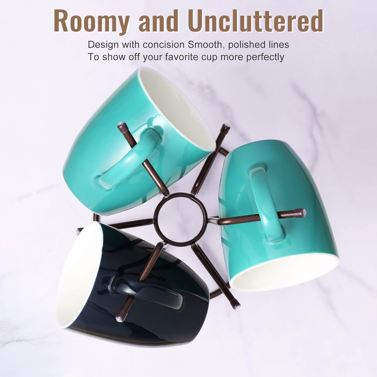 HULISEN Mug Holder for Large Cups, Mug Tree for Counter with 6 Hooks, Metal Coffee Mug Stand for Easy Pick, Place and Display, Coffee Bar Accessories and Decor, Free Standing Mug Rack, Brown