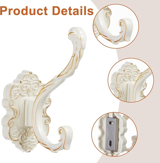 Zonon 2 Pcs White Wall Hooks Set Vintage Coat & Towel Hooks - Image 3