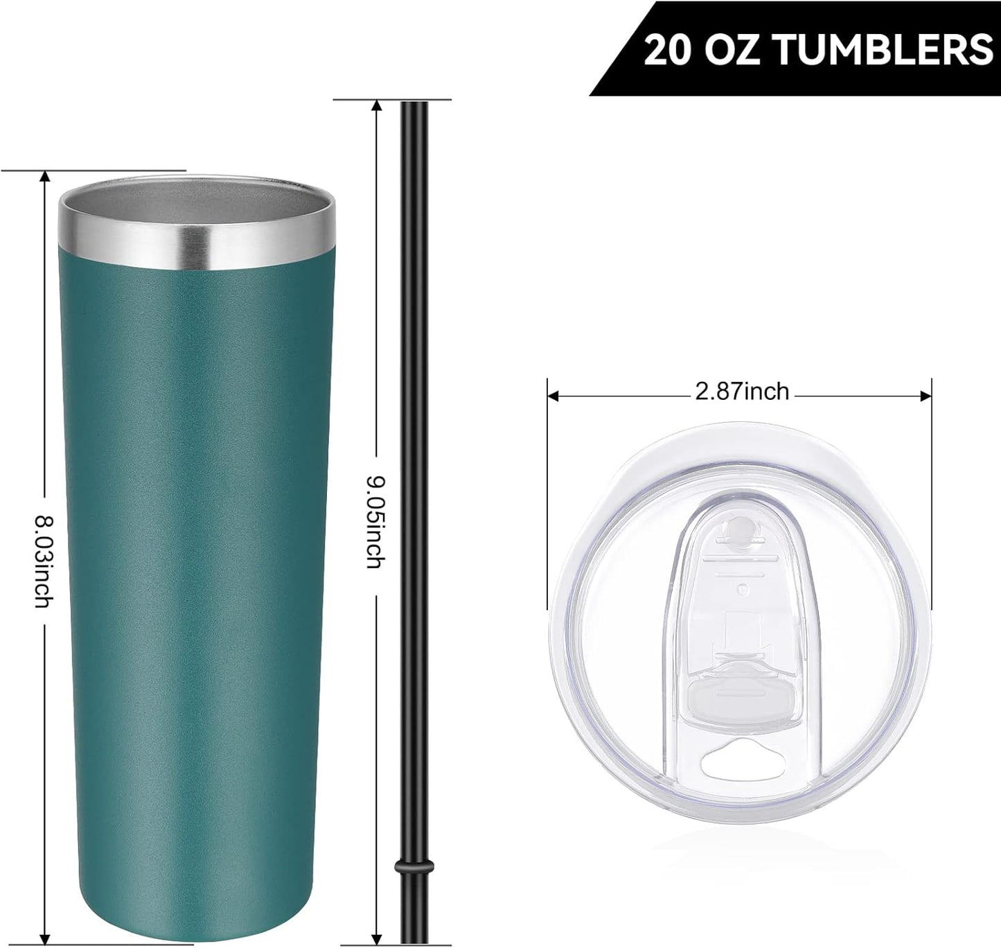 VEGOND Stainless Steel Skinny Tumbler, 20 oz Vacuum Insulated Tumbler with Lid and Straw, Double Wall Coffee Cup, Travel Mug for Cold Hot Drinks, Dark Green 1 Pack