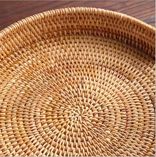 Rattan Round Serving Tray, Decorative Coffee Table Tray, Ottoman Hand Woven Serving Basket with Handles, Wicker Fruit/Bread Serving Basket, 11.8 inch