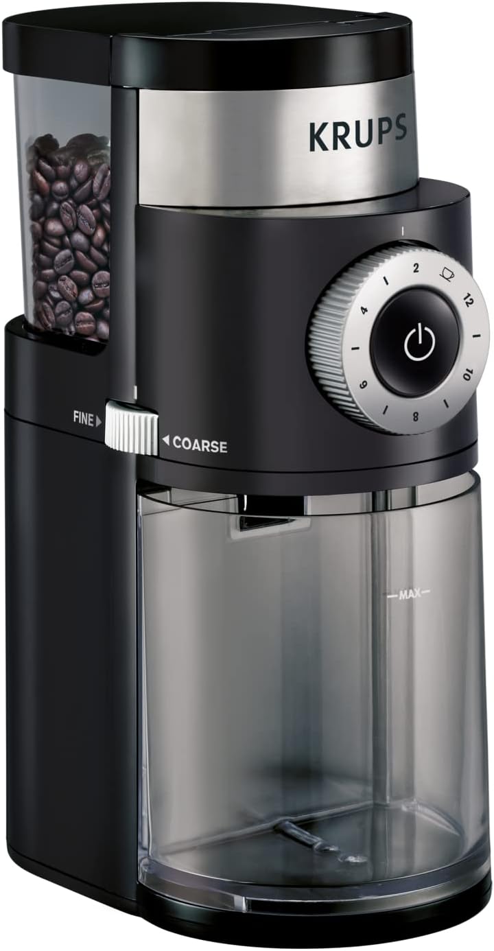 KRUPS Precision Burr Coffee Grinder: 12 Settings, 8 oz Capacity for Drip, French Press, Espresso, Pour Over, Cold Brew - Stainless Steel, 110W, Auto-Stop, Easy Clean