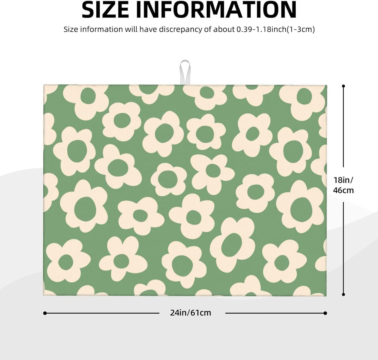 Floral Kitchen Dish Drying Mat for Dishes 18x24 Inch Vintage Groovy Flowers Drying Mat White Daisy Dish Drainer Mat Super Absorbent Dish Rack Pad for Coffee Bar Sinks(Green)