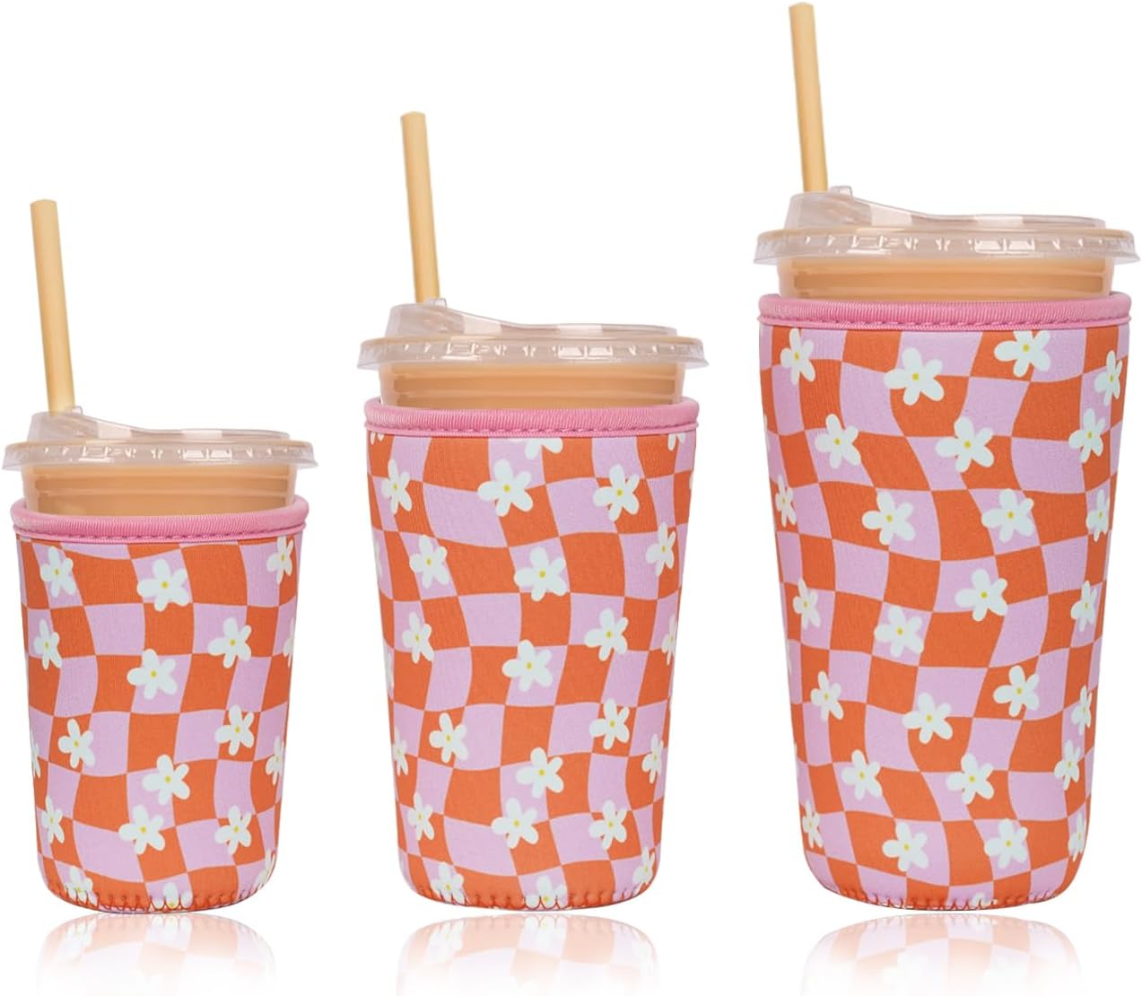 Reusable Insulated Neoprene Iced Coffee Cup Sleeve, Durable Drink Sleeve for Cold Beverages, Beverage Holder for Iced Coffee, Daisy Grid