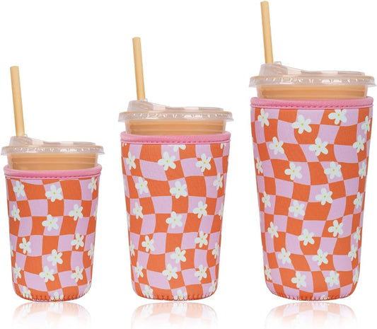 Reusable Insulated Neoprene Iced Coffee Cup Sleeve, Durable Drink Sleeve for Cold Beverages, Beverage Holder for Iced Coffee, Daisy Grid