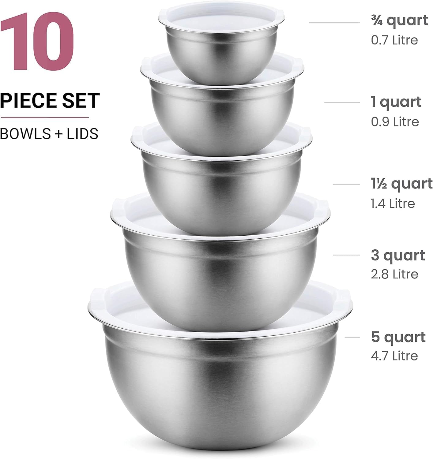 Mixing Bowls Set of 5, Stainless Steel Salad Bowls with Lids, Nesting Metal Mixing Bowls for Baking, Cooking, Prepping & Food Storage