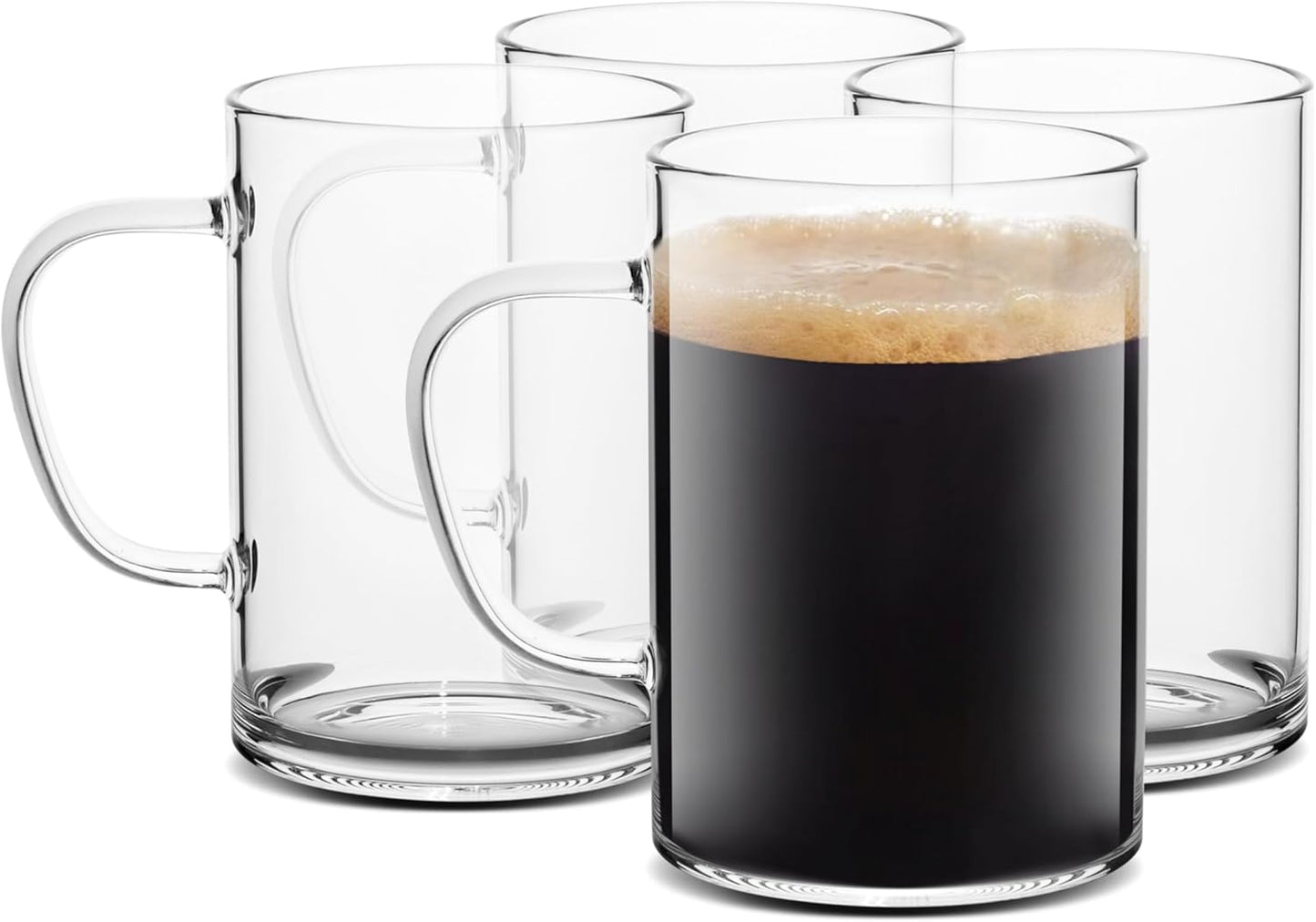 LUXU Glass Coffee Mugs 16 oz,Set of 4 Large Glass Coffee Cups Clear Tea Cups,Lead-Free Glasses Cups for Water,Latte,Milk-Flat Bottomed Design