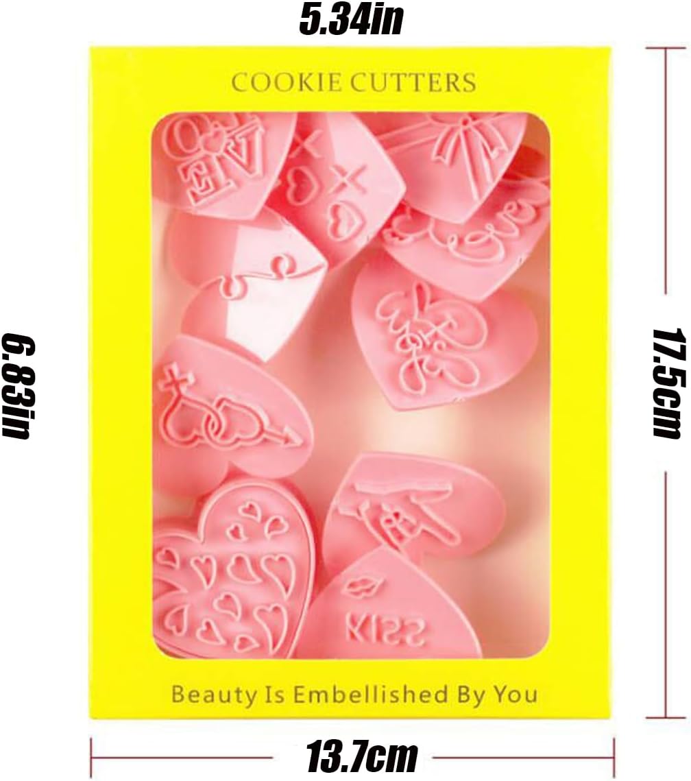 10 Pcs Heart Cookie Cutter Set, 3D Pressable Biscuit Cutter and Stamps, Valentine's Day Cookie Molds Wedding Party DIY Cake Decorating Kit (D)