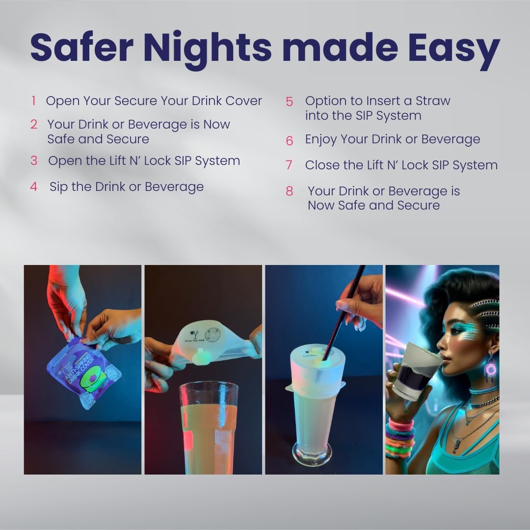 Multi-Use Silicone Anti Spiking Drink Cover Protector With Lift N’ Lock Sip System (1 Pack). Spiking, Spill and Contaminant Prevention. Fits Most Cups And Glasses, Straw Compatibility and Reusable.