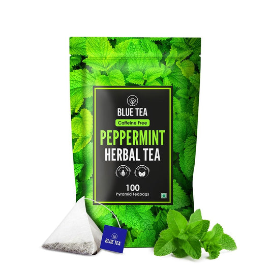 BLUE TEA - Peppermint Tea - 100 Count - Plant Based Tea Bag | SUPPORTS DIGESTION | Antioxidant Rich | Fresh & Cool Minty Flavour | Caffeine Free - Herbal Tea - Non-Bitter - Leaf Based | Ziplock Pack