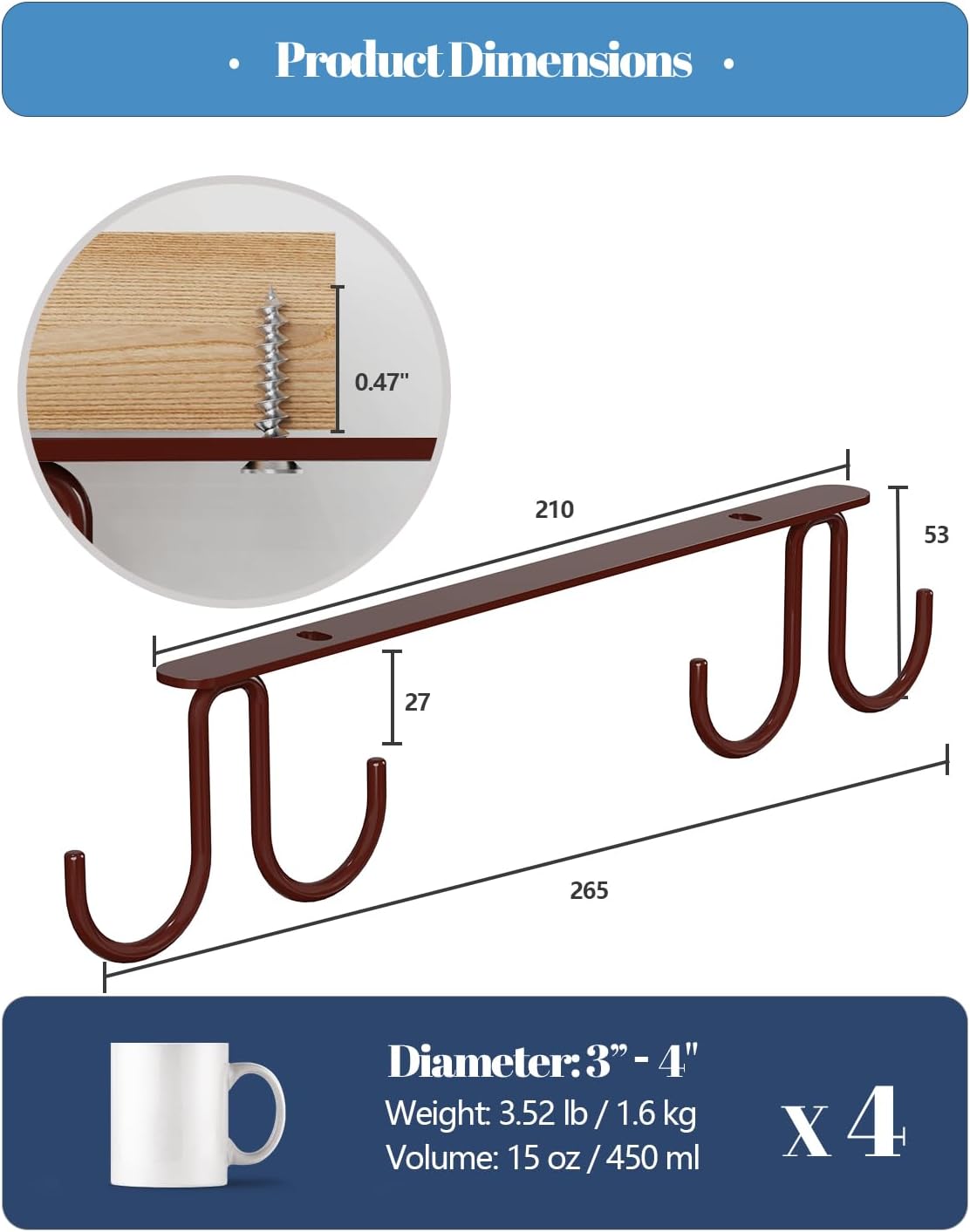 Mug Hooks Under Cabinet 3 Pack, Coffee Cup Hooks for Hanging Under Shelf, Mug Organizer Rack with 12 Hooks for Displaying Mugs, Coffee Cups and Kitchen Utensils, Brown