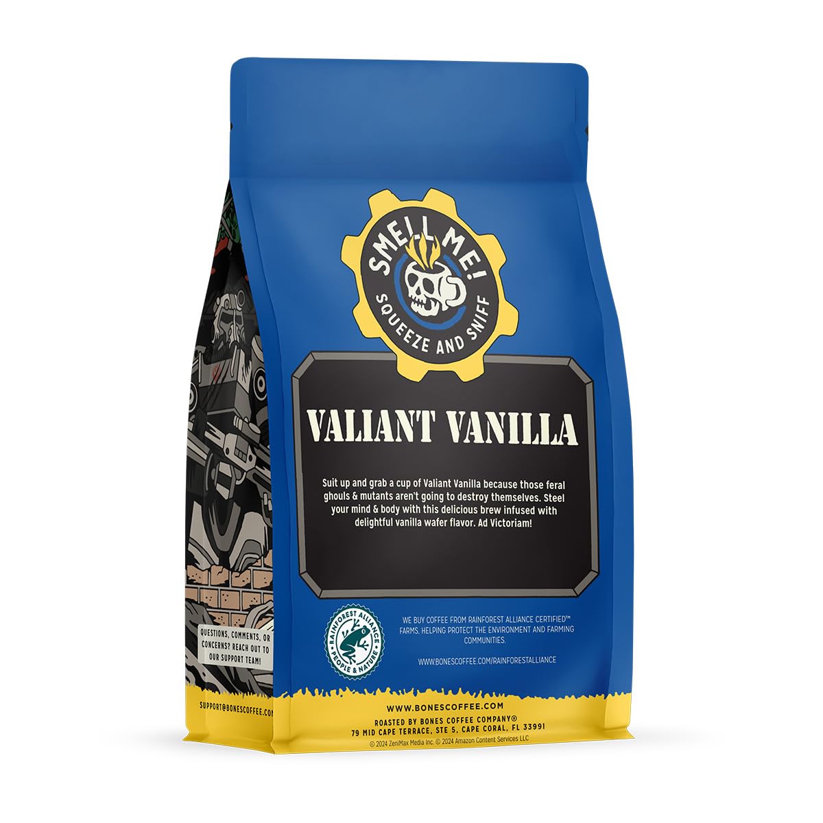 Bones Coffee Company Fallout Valiant Vanilla, Vanilla Wafer Flavored Coffee, Medium Roast Low Acid Arabica Beans Compatible with Auto drip and French Press Coffee Maker, 12 Oz Ground