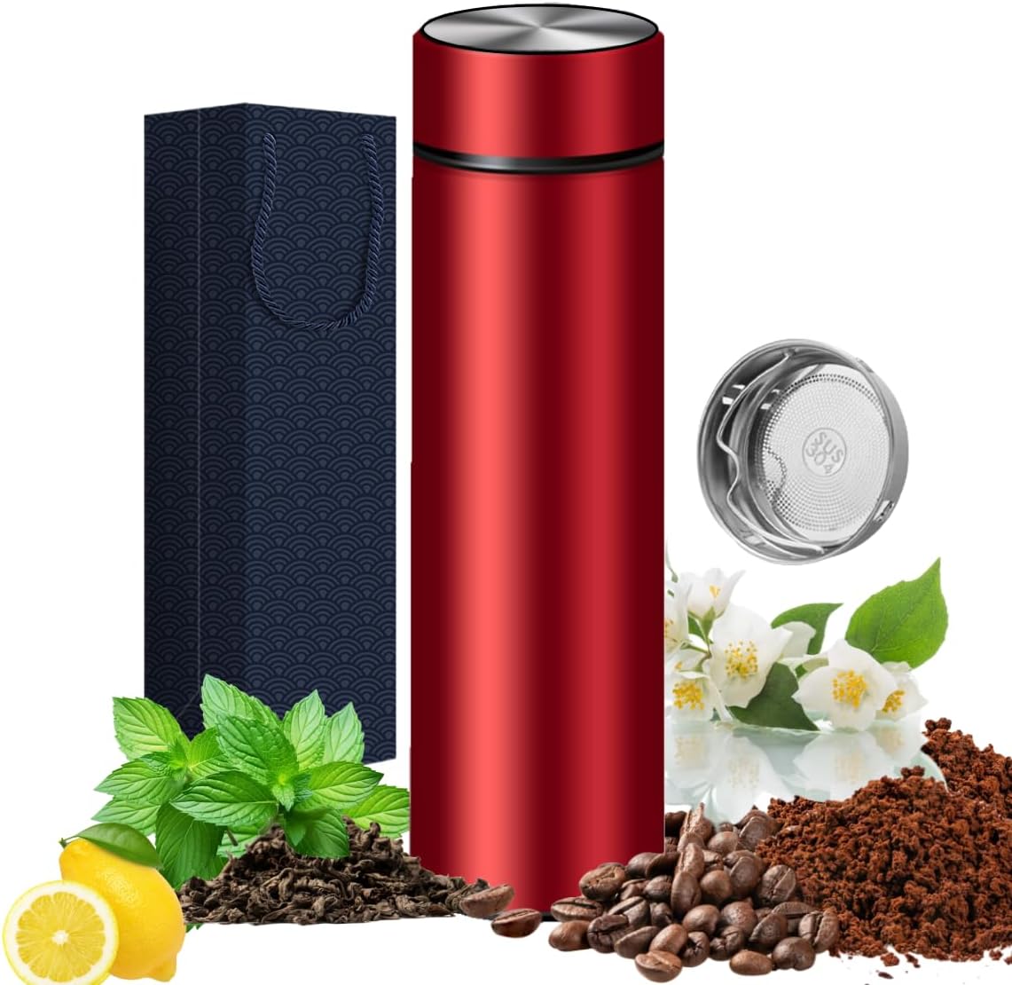 Insulated Water Bottles- Vacuum Tumbler for Coffee, Tea and Drinks with Stainless Steel Infuser - 15 oz Tea Thermo Travel Bottle/Keeps Drinks Hot or Cold for Hours/Gift Packing (Red)