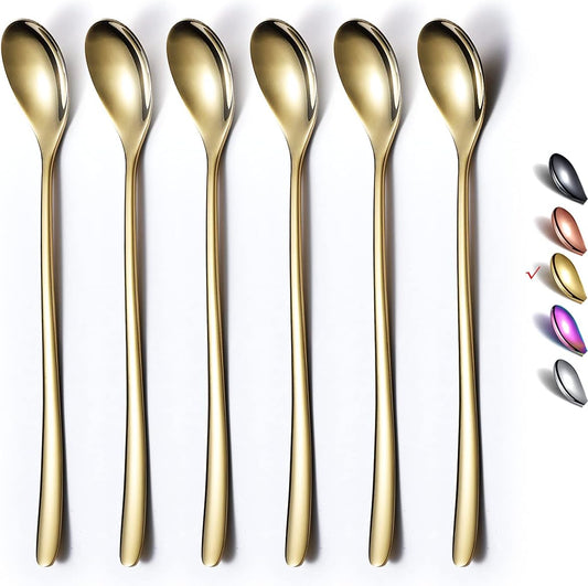 Gold Long Handle Coffee Spoons, Premium Stainless Steel Stirrers for Ice Tea, Ice Cream, Cocktails - Set of 6