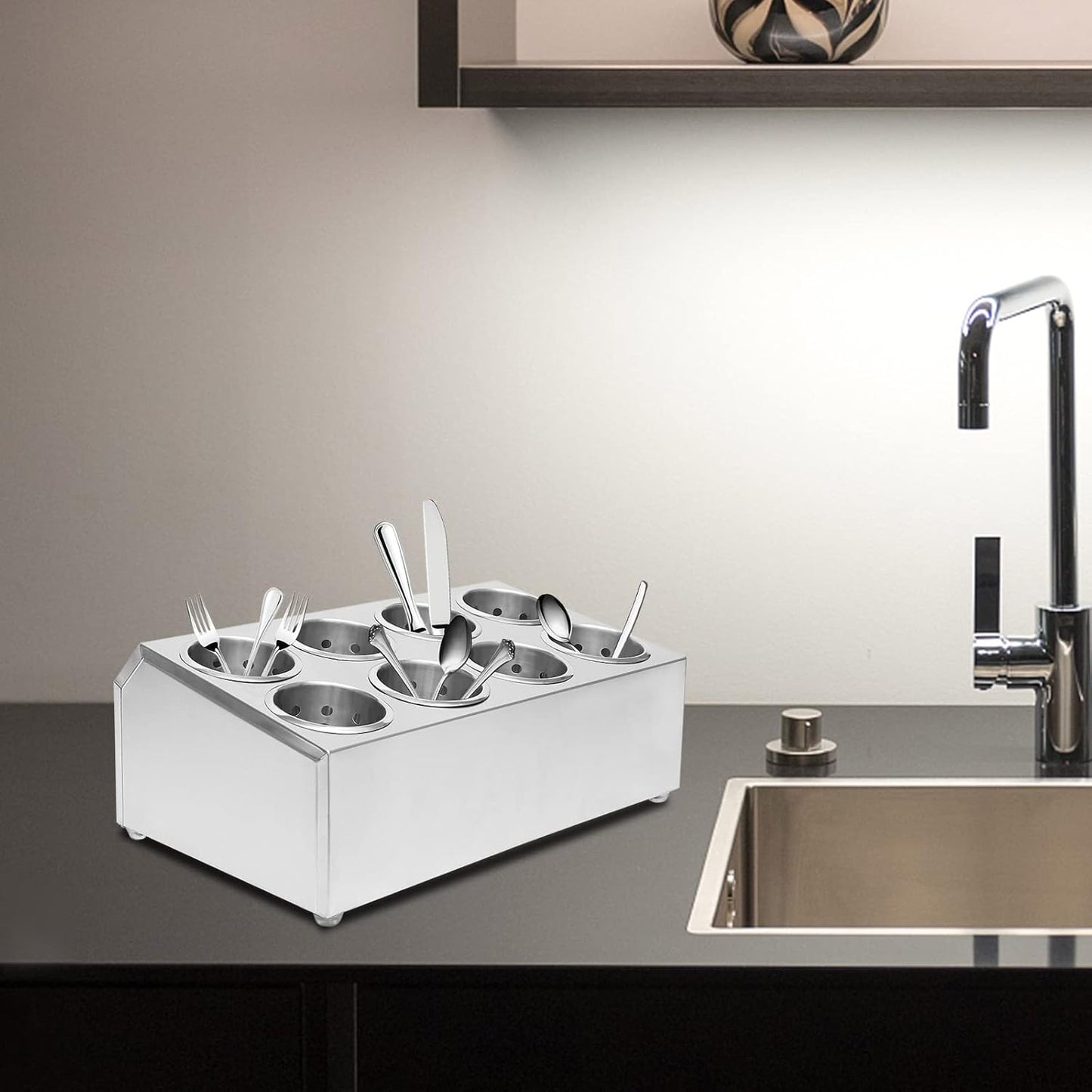 Stainless Steel Flatware Utensil Holder, Commercial 8-Hole Cylinder Silverware Organizer for Countertop Restaurant