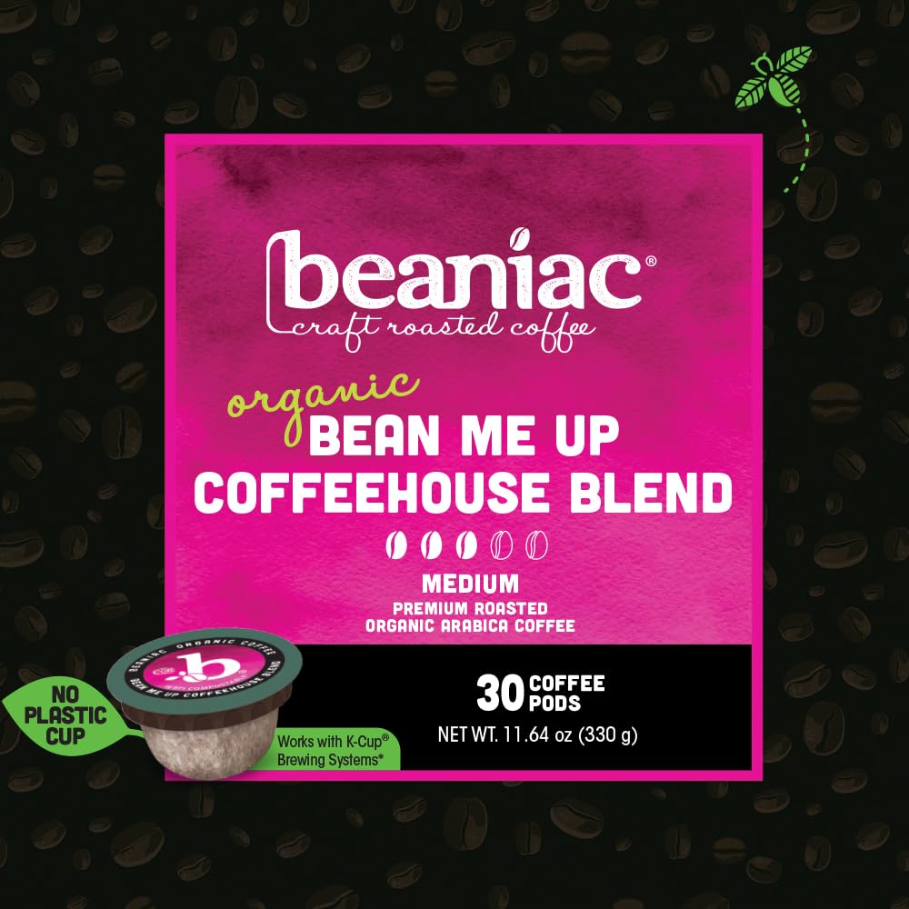 beaniac Organic Bean Me Up Coffeehouse Blend, Medium Roast, Single Serve Compostable K Cup Coffee Pods, Organic Arabica Coffee, Keurig Brewer Compatible, 30 Count