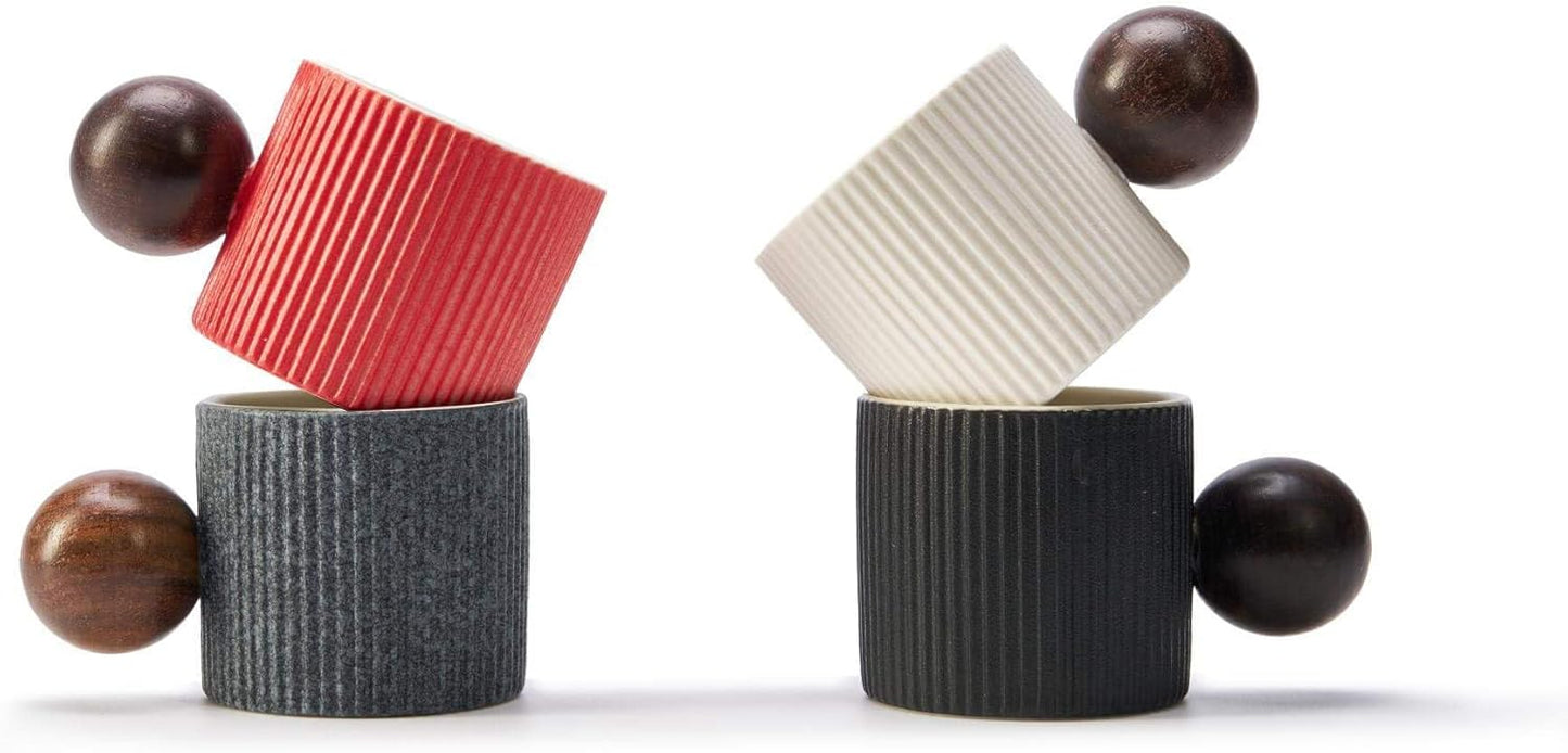 Ceramic Mini Espresso Cups Demitasse Cups with Round Wooden Handle Vertical Stripes Tea Cups (black, 4pcs)