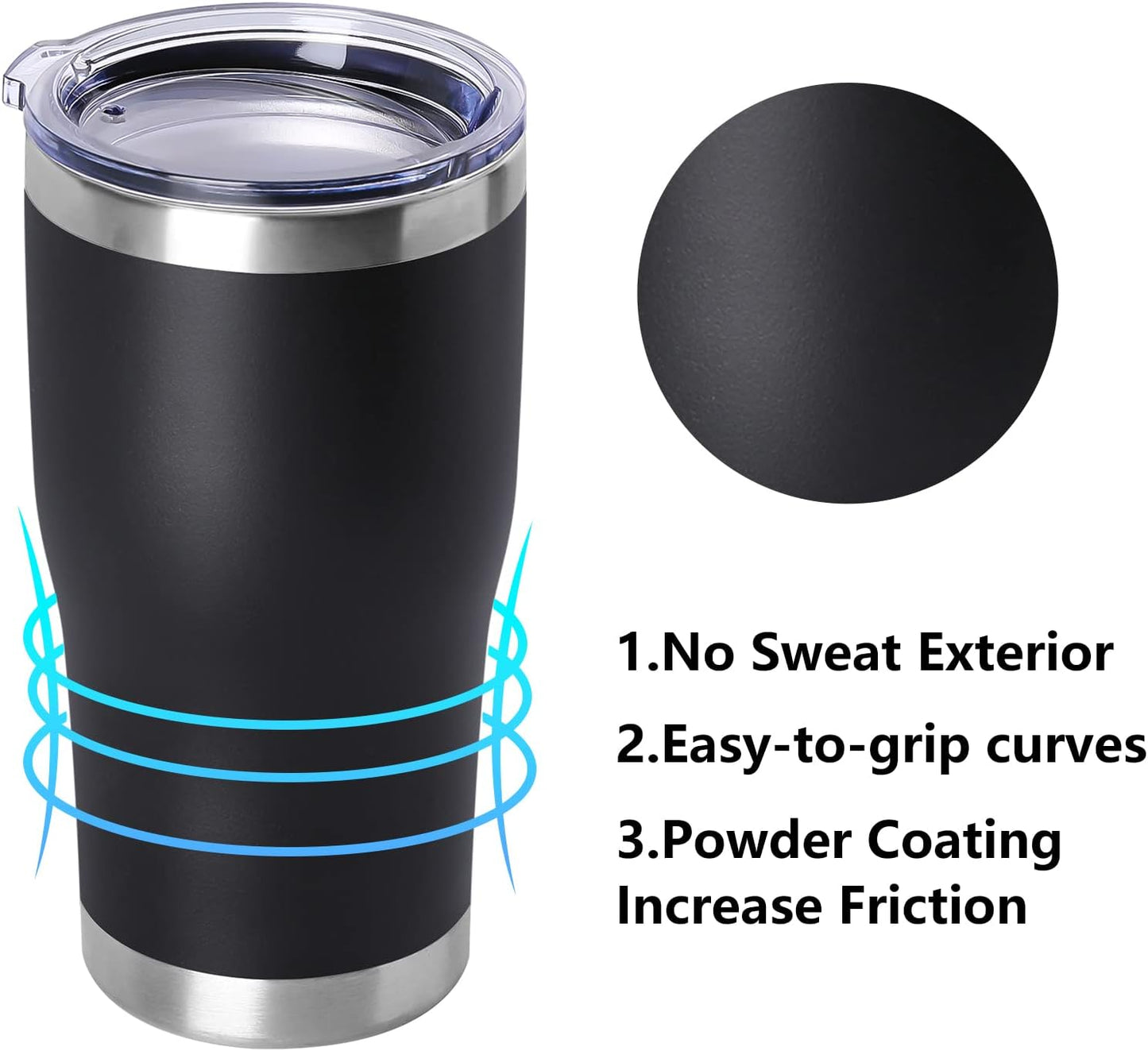 DOMICARE 20oz Tumbler with Lid Stainless Steel Tumblers Bulk, Double Wall Vacuum Insulated Coffee Travel Mug Powder Coated Tumbler, 8 Pack Black