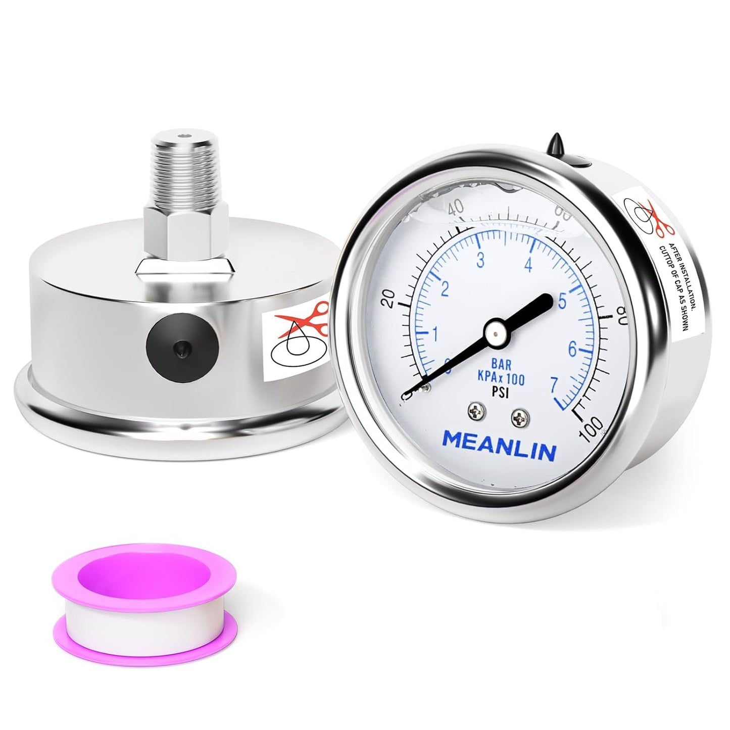 MEANLIN MEASURE 0~100Psi Liquid Filled Pressure Gauge Stainless Steel with 316 Stainless Steel Joint 1/4" NPT 2.5" FACE DIAL for Well Pump Tire Water Pressure Tester Center Back Mount