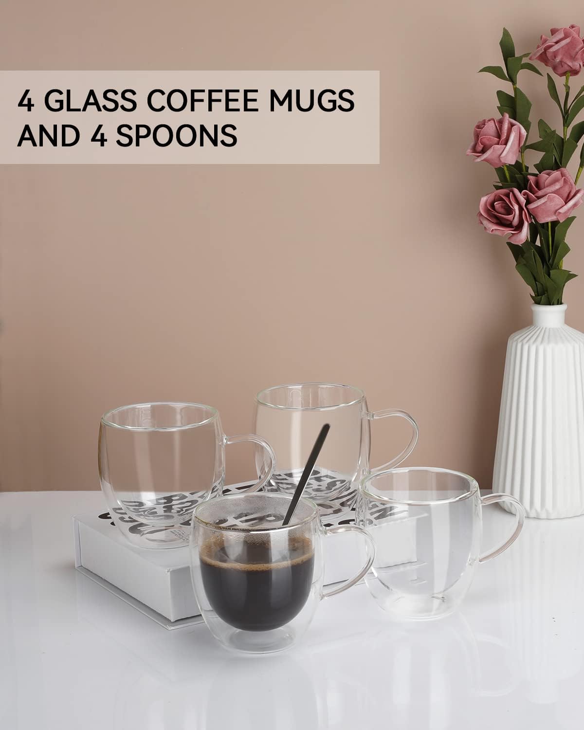 LIBWYS 4 Pack 250ml Double Walled Glass Coffee Mugs with 4 Spoons, Cappuccino Latte Tea Cups with Handle, Heat Resistant Drinking Glasses