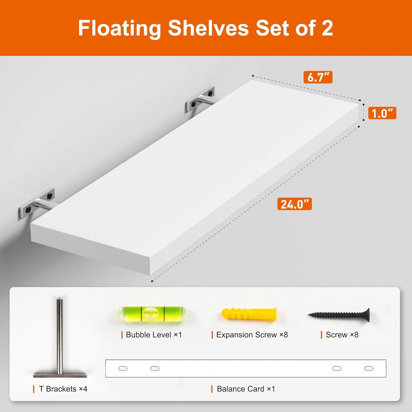 Floating Shelves for Wall, White Wood Wall Shelf Set of 2, 24" Wall Mounted Floating Shelf for Kitchen, Living Room, Bedroom, Bathroom Storage, Book Shelf for Walls Home Decor, Frame Display