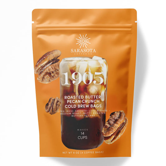 Sarasota Coffee 1905 Cold Brew Coffee Bags | Roasted Butter Pecan Crunch | Blonde-Medium Roast | Low Acid & Smooth | Ground Filter Packs | Cold Brew Kit Makes 14 Cups | Rich Nutty Notes