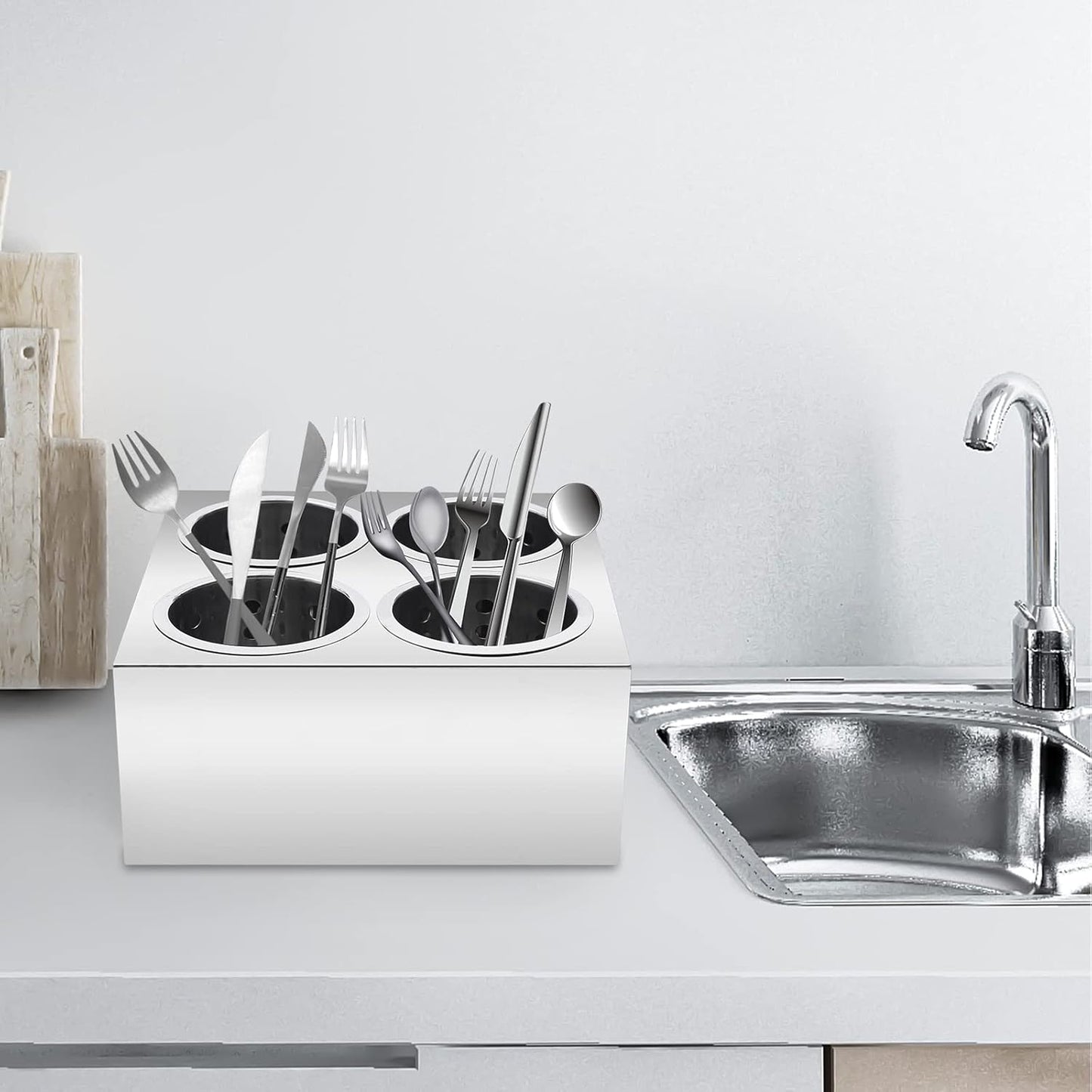 Stainless Steel Flatware Utensil Holder, Commercial 4-Hole Cylinder Silverware Organizer for Countertop Restaurant