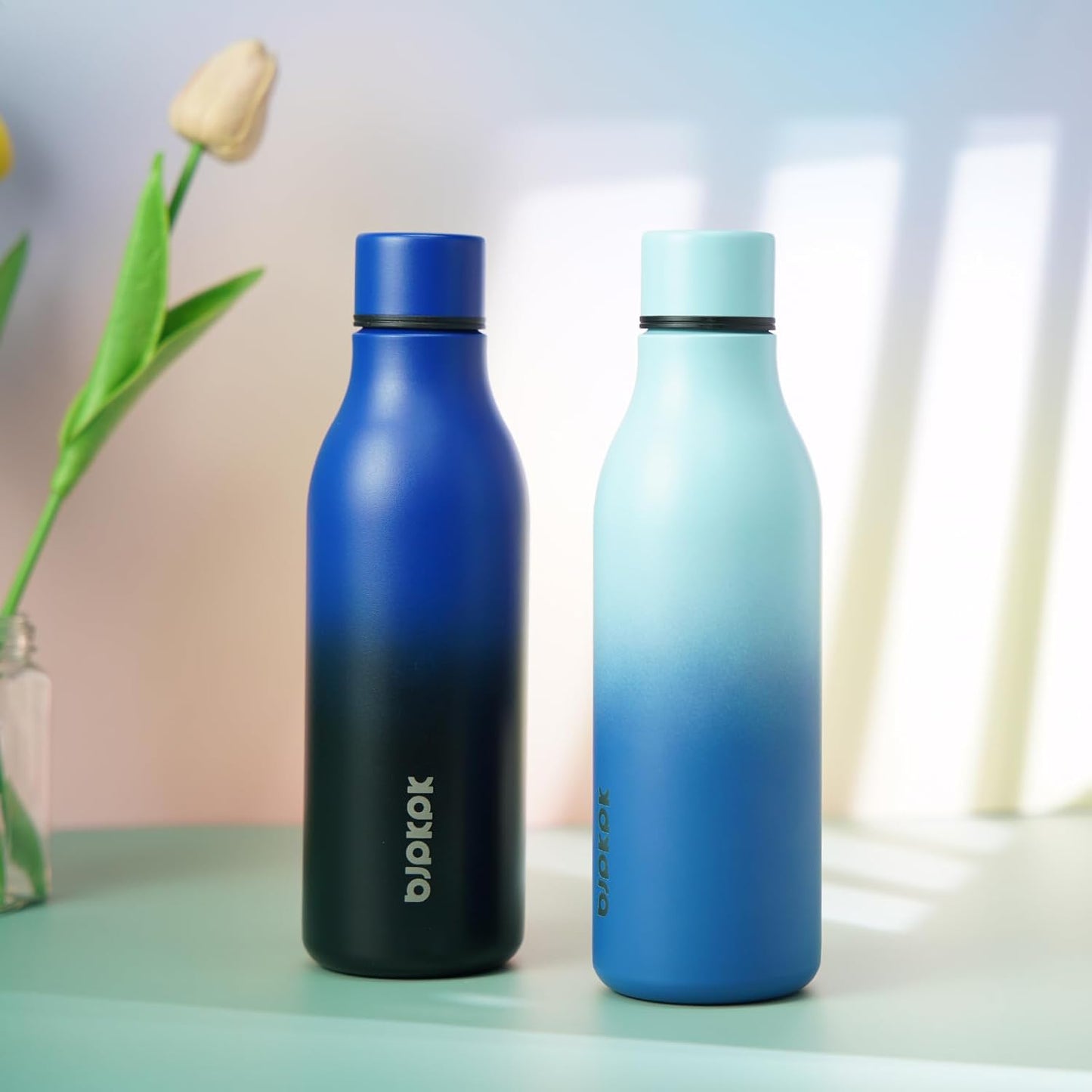 BJPKPK Insulated Water Bottles, 18 oz Stainless Steel Metal Water Bottle with Strap, BPA Free Leak Proof Thermos, Mugs, Flasks, Reusable Water Bottle for Sports & Travel, Blue Black (Pack of 2)