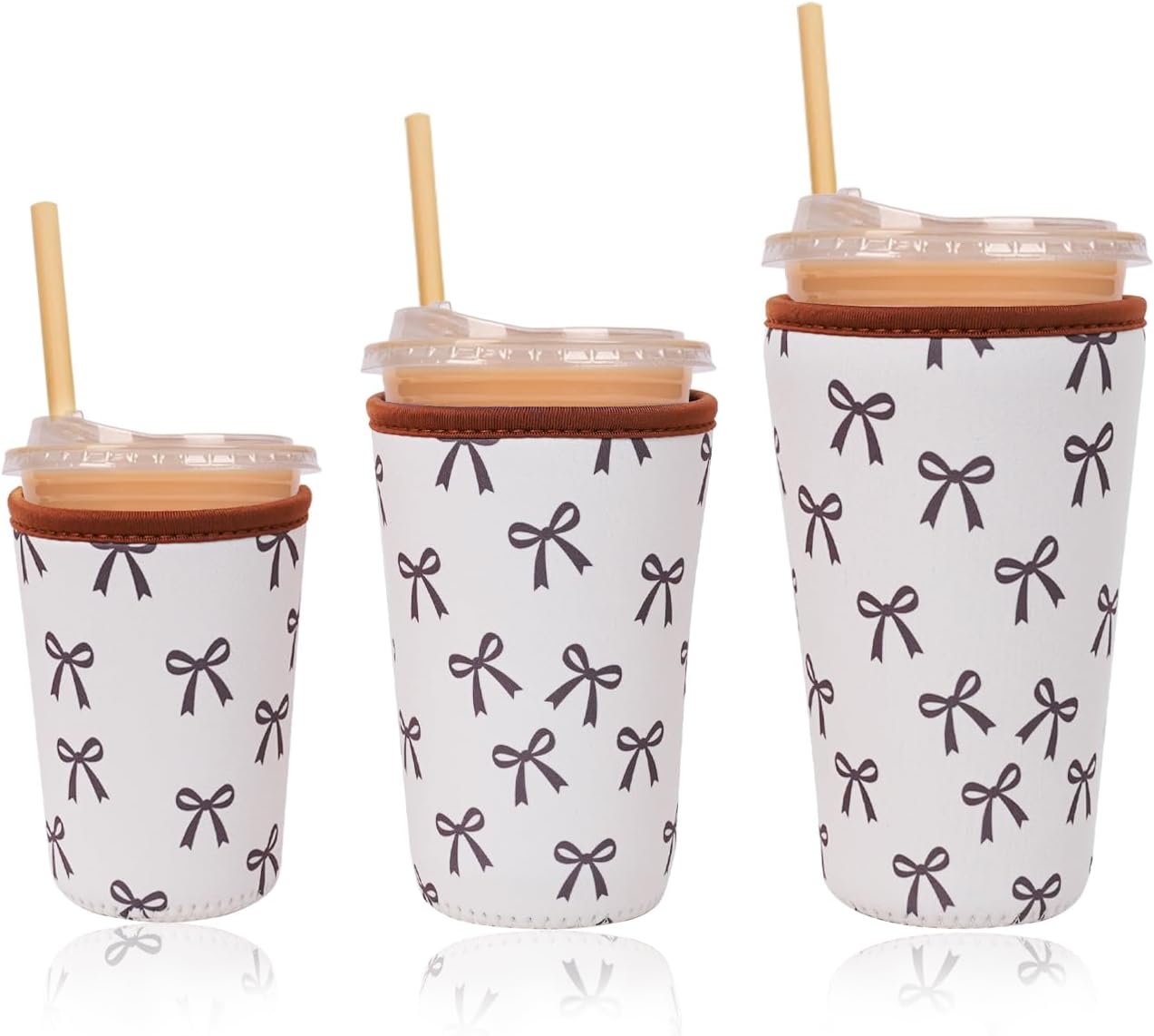 Reusable Insulated Neoprene Iced Coffee Cup Sleeve, Durable Drink Sleeve for Cold Beverages, Beverage Holder for Iced Coffee, Cream Bow
