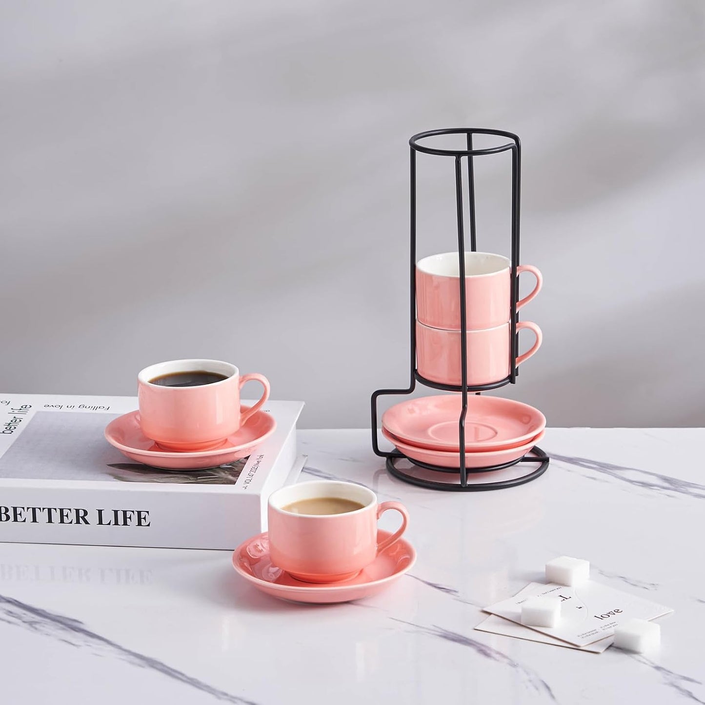 YOLIFE 2.5oz Porcelain Stackable Espresso Cups with Saucers and Metal Stand Set of 4, Stackable Cappuccino Cups, Pink Expresso Shots Cup Set for Coffee Drinks, Latte, Tea