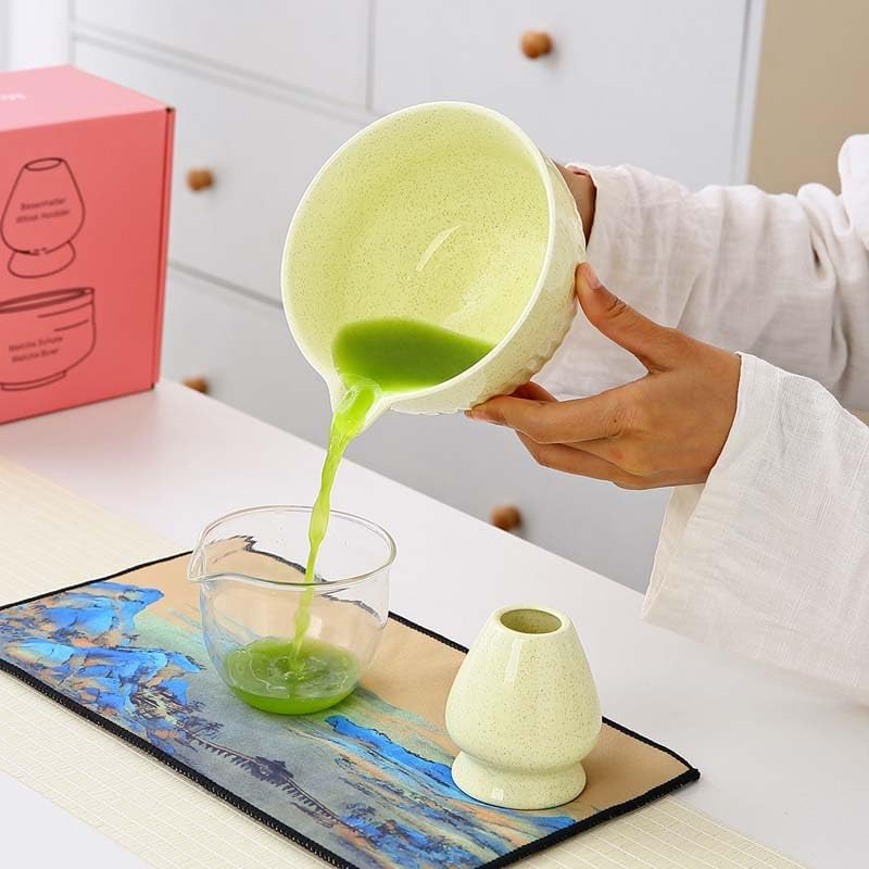 Matcha Tea Set, Glazed Ceramic Bowl and Whisk Holder, Light Yellow, 2-Piece