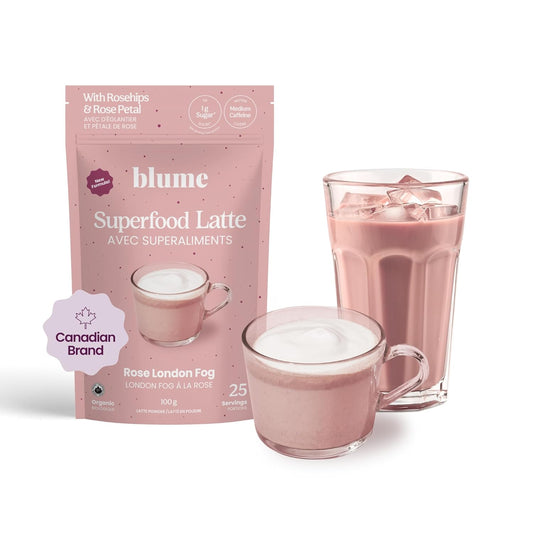 Blume Organic Rose London Fog Earl Grey Tea | Decaf Black Tea, Rose Petal Powder, Vanilla, Tart Cherry, and Bergamot | Plant Based Superfood Latte | Vegan Gluten Free Drink | 25 Servings